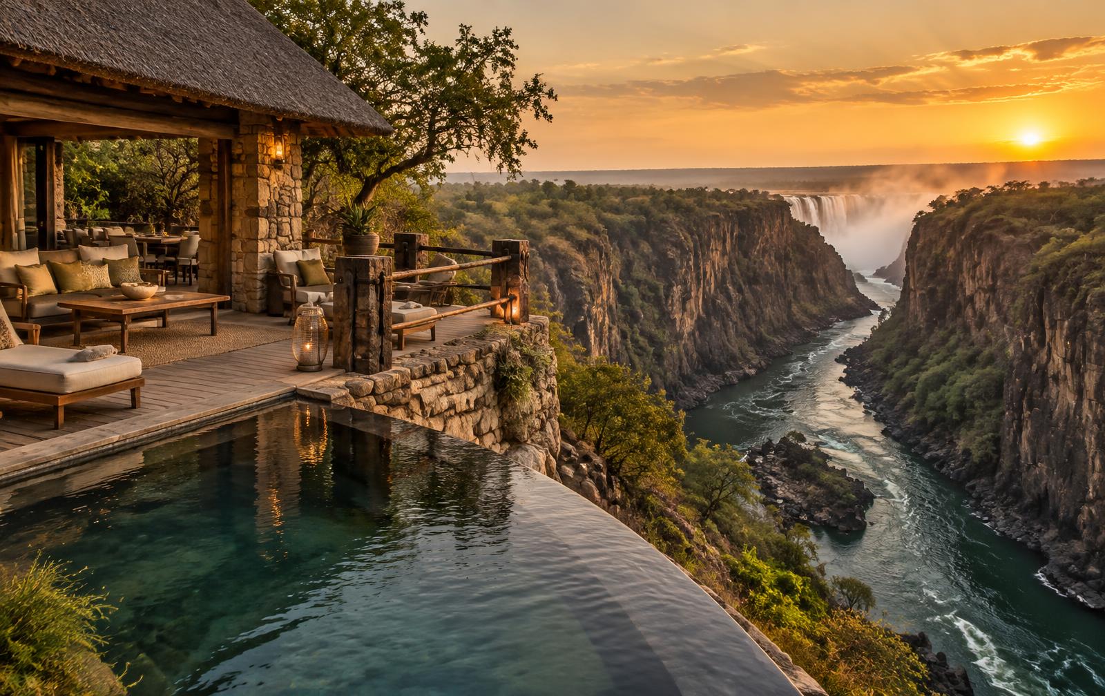 Clifftop lodge terrace above the Batoka Gorge and Zambezi River at golden hour